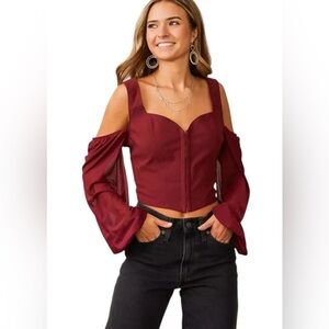 Willow And Root Women's Size XL Open Shoulder Corset Top Puffed Sleeves Burgundy